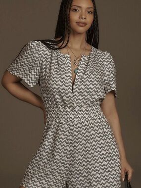 Anthropologie Black and White Zigzag Short Sleeve Romper